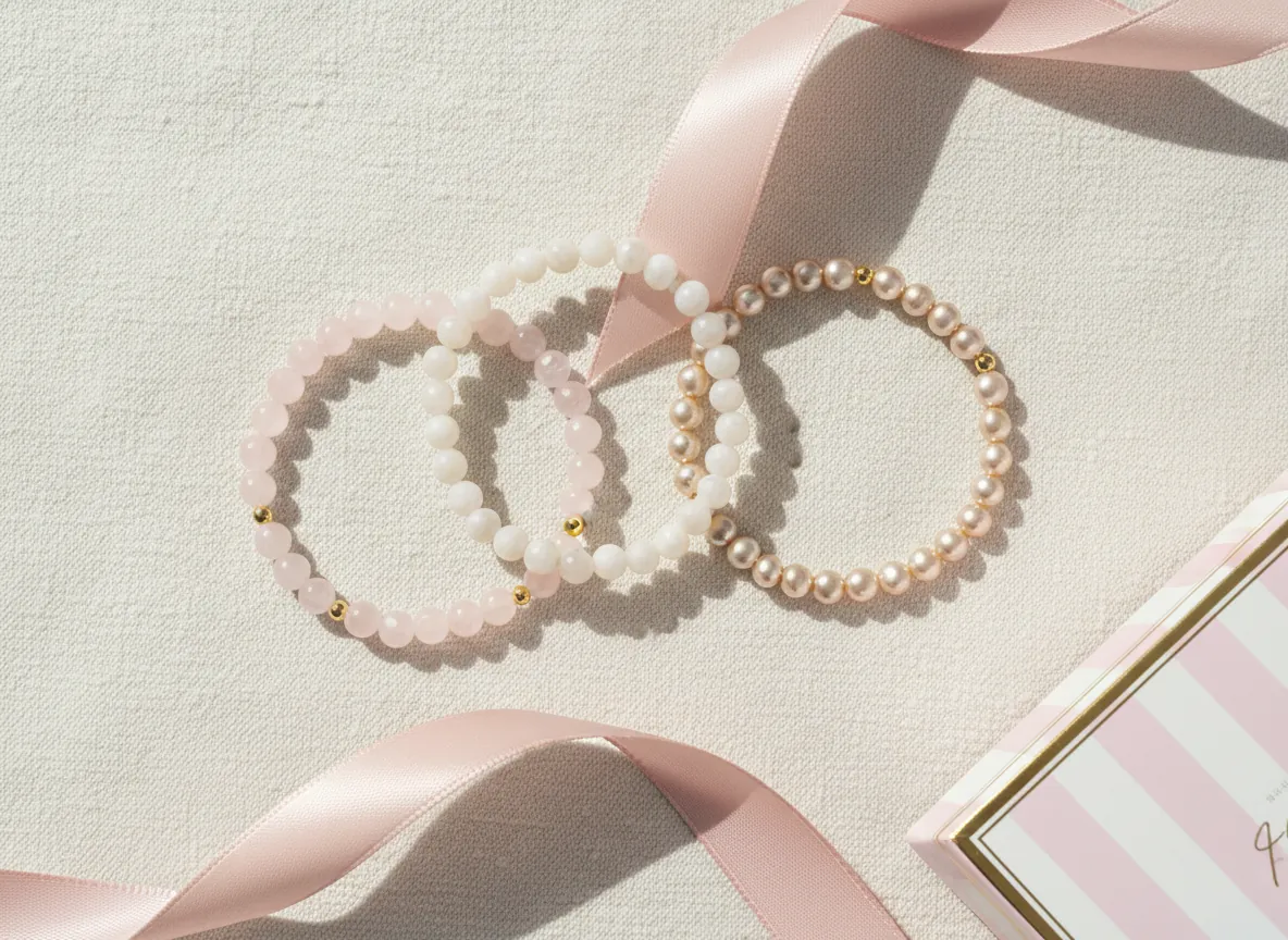 Blush Butter Stack: three bead bracelets in rose, cream and champagne