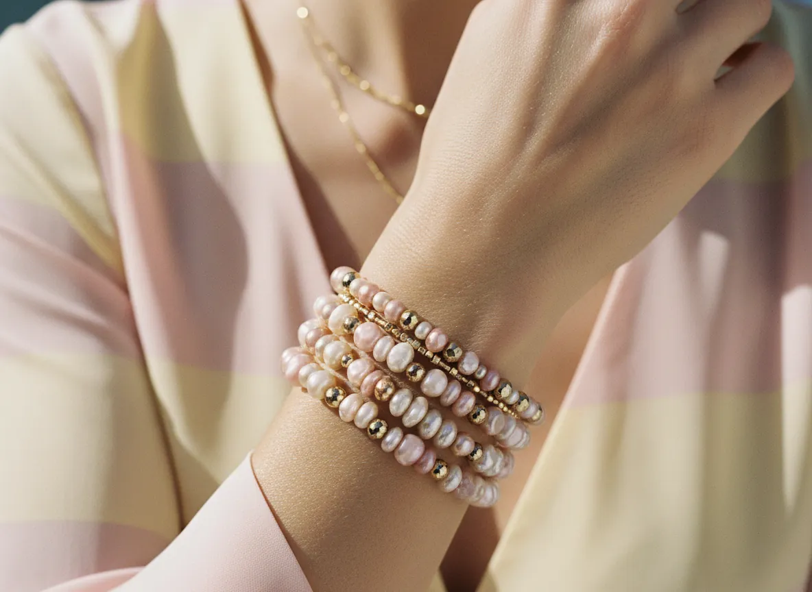 Stacked cream, blush and gold bead bracelets worn on the wrist
