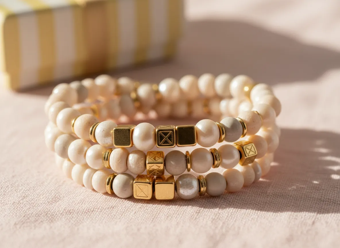 Custom Monogram Stack: cream bead bracelets with gold letter beads