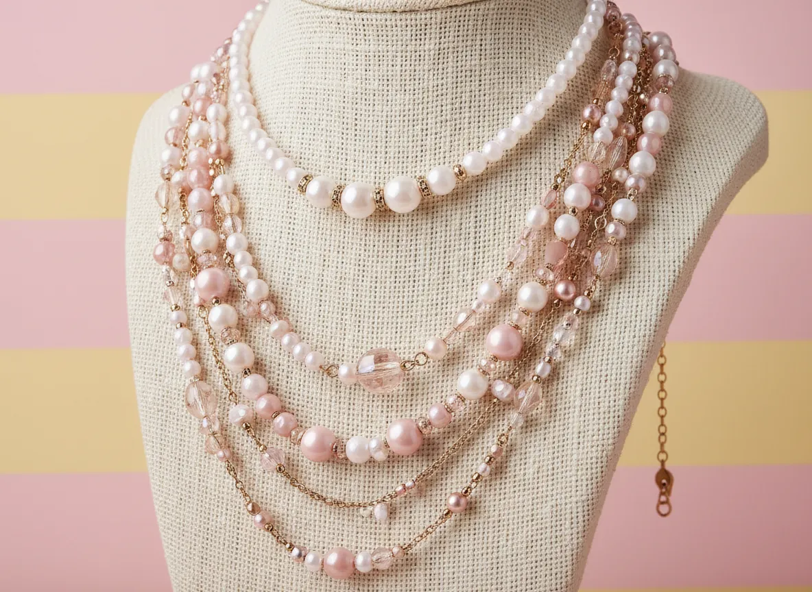 Layered bead necklaces in blush, cream and gold on a linen bust