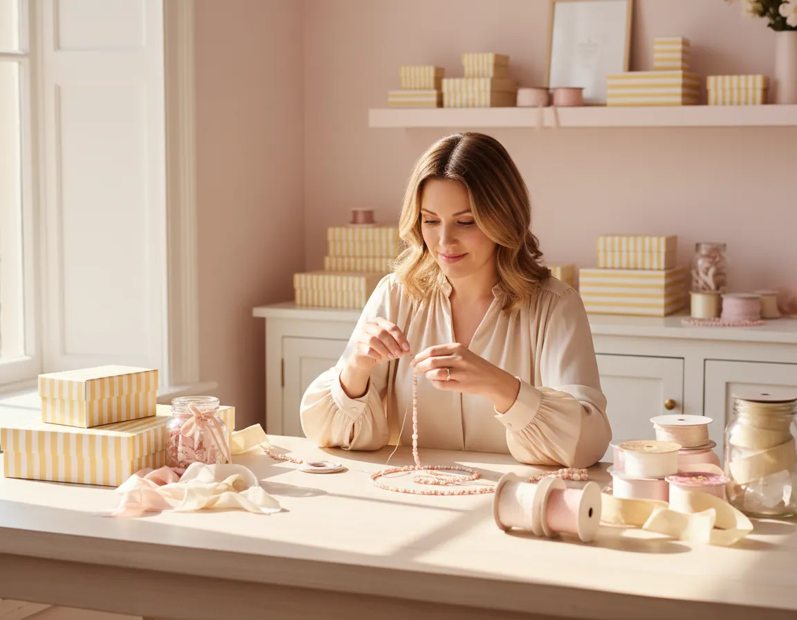 Founder styling delicate bead jewelry at a bright feminine studio